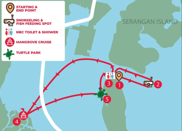 Tour Map: A map of the Serangan Explorer Glass Bottom Boat Tour route, showcasing the journey through Tanjung Benoa's waters in Bali.