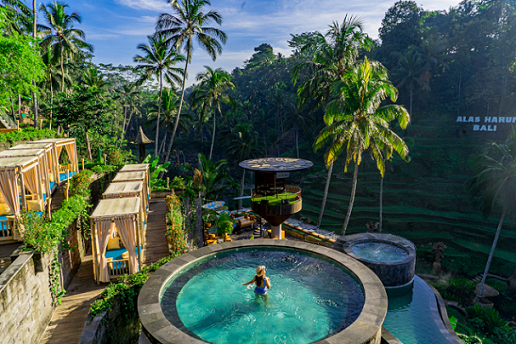 An aerial view of a luxury resort nestled in a lush, tropical forest in Bali. In the foreground, there's a circular pool on a stone deck, with a single person swimming in the clear blue water. Behind the pool are several multi-level wooden structures with thatched roofs, likely accommodations, blending seamlessly with the surrounding nature. Tall palm trees and dense greenery encase the resort, and a text embossed on the hillside reads "ALAS HARUM BALI," suggesting the resort's name or location. The sky is clear, hinting at a serene, sunny day.