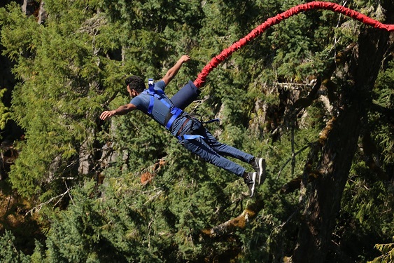 A person mid-air during a bungee jump, securely strapped in a harness, surrounded by lush green trees