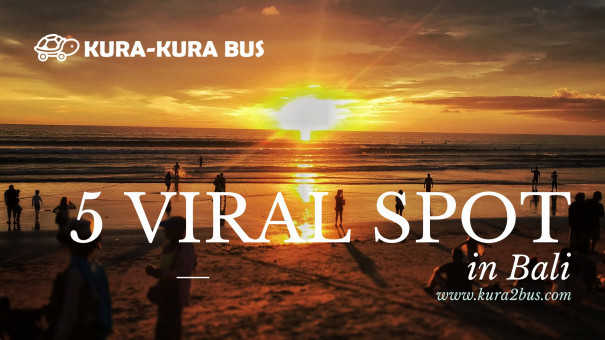Silhouette of people at a Bali beach during sunset with the text 'Kura-Kura Bus – 5 Viral Spot in Bali – www.kura2bus.com' overlayed on the image.