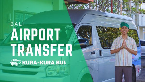 Friendly driver greeting guests in front of a Kura-Kura Bus minivan for Bali Airport Transfer service