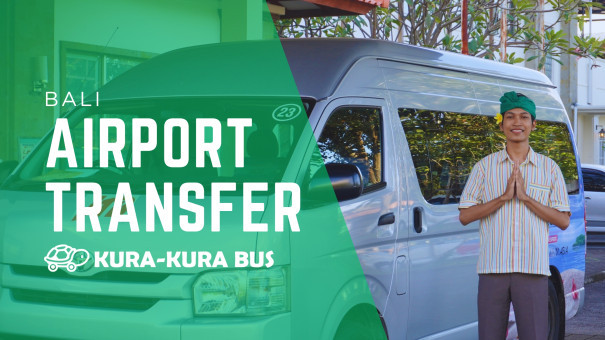 Friendly driver greeting guests in front of a Kura-Kura Bus minivan for Bali Airport Transfer service