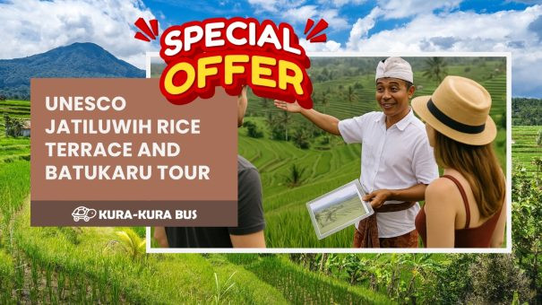 Special offer banner for the UNESCO Jatiluwih Rice Terrace and Batukaru Tour by Kura-Kura Bus, featuring a Balinese guide explaining the rice fields to tourists with Mount Batukaru in the background.