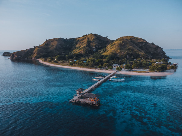 Aerial view of boats and coastline near Labuan Bajo