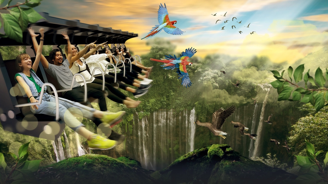 The flyover at Trans Studio Bali is an attraction that allows visitors to experience the sensation of flying over various landmarks of Indonesia. With a stunning design, the flyover provides a spectacular visual experience, allowing visitors to see iconic landscapes without leaving the amusement park.