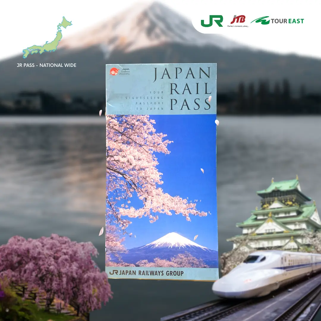 Composite image featuring a scenic view of Mount Fuji with cherry blossoms in the foreground on the left, a Japan Rail (JR) Pass in the center displaying a picture of cherry blossoms and Mount Fuji, and on the right, a Shinkansen (bullet train) with a Japanese castle in the backdrop. Logos of JR East, National Wide, and Tourist can be seen at the top.