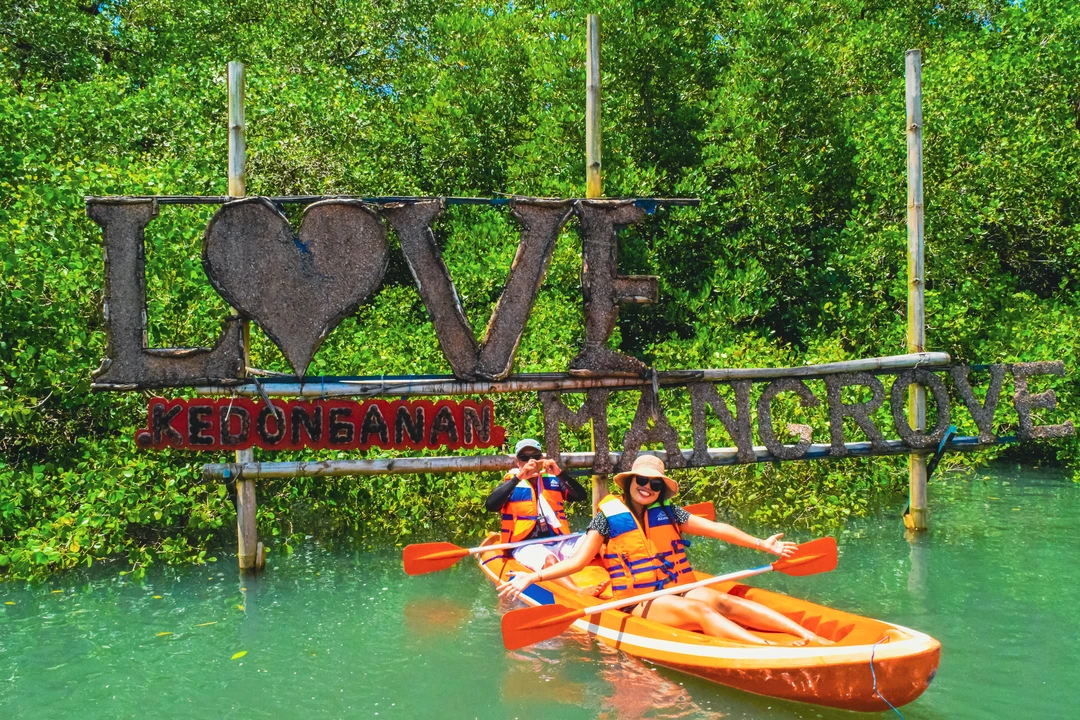 Two individuals in vibrant orange kayaks are paddling through clear water, with dense mangroves in the background. Above them, a rustic sign reads 