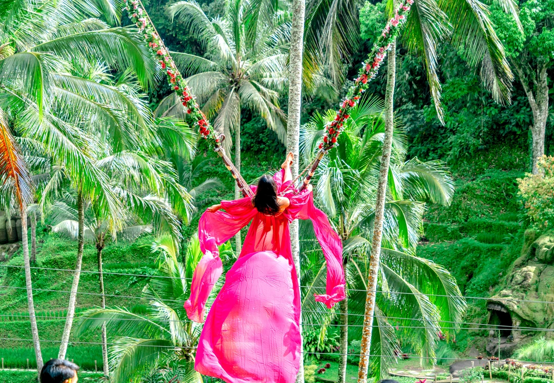 Bali swing with tropical jungle scenery near Ubud