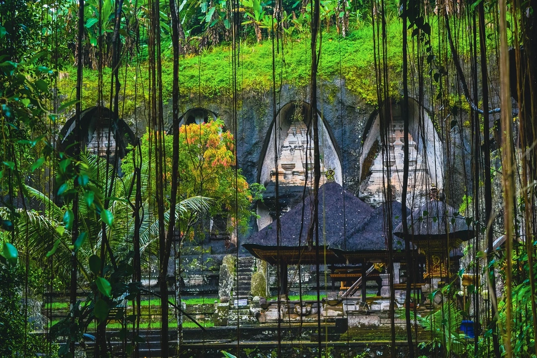 Photograph of the ancient Gunung Kawi temple in Bali, Indonesia, showcasing the temple's rock-cut shrines etched into a lush, green cliff face. Vines drape over the edges, and a traditional Balinese pavilion is visible at the base amid tropical foliage