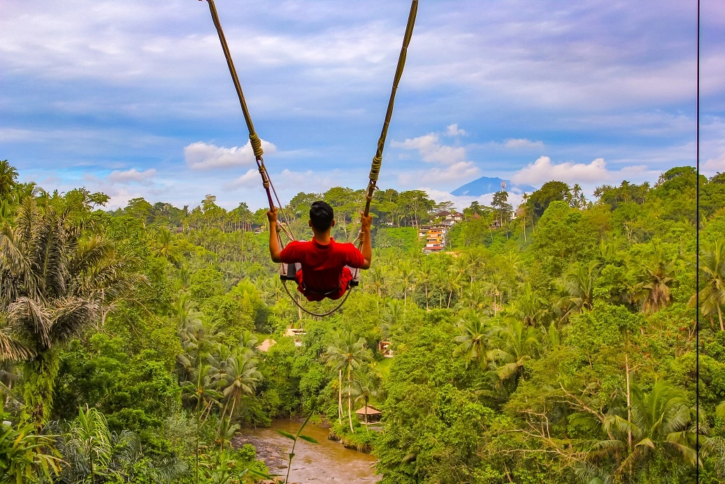 Swing overlooking mountain, river, and jungle. Charter Car - Kura-Kura Bus